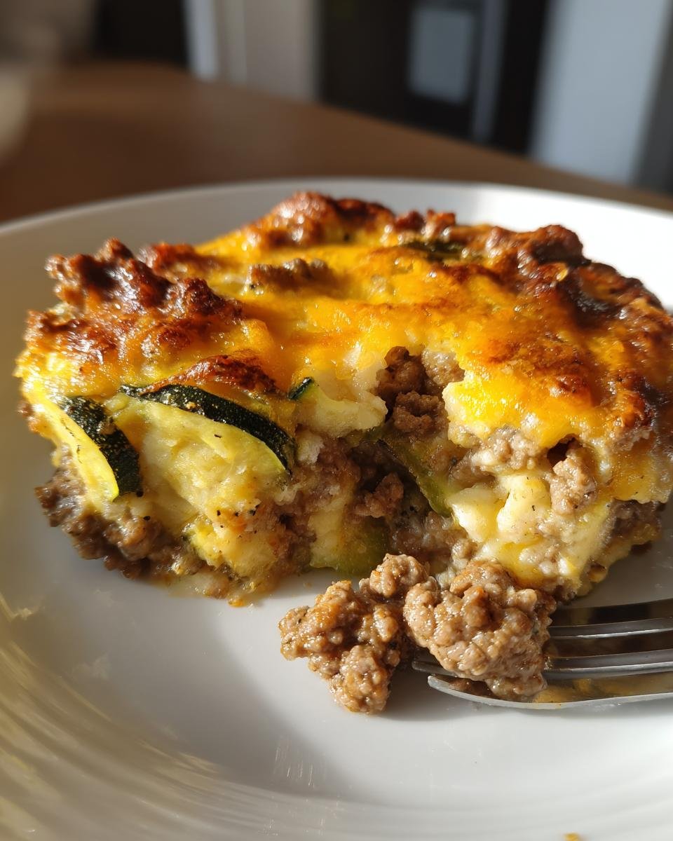 Close-up of a serving of Delicious Low Carb Ground Beef Zucchini Bake with melted cheese topping.