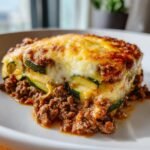A close-up of a serving of Delicious Low Carb Ground Beef Zucchini Bake topped with melted, browned cheese.