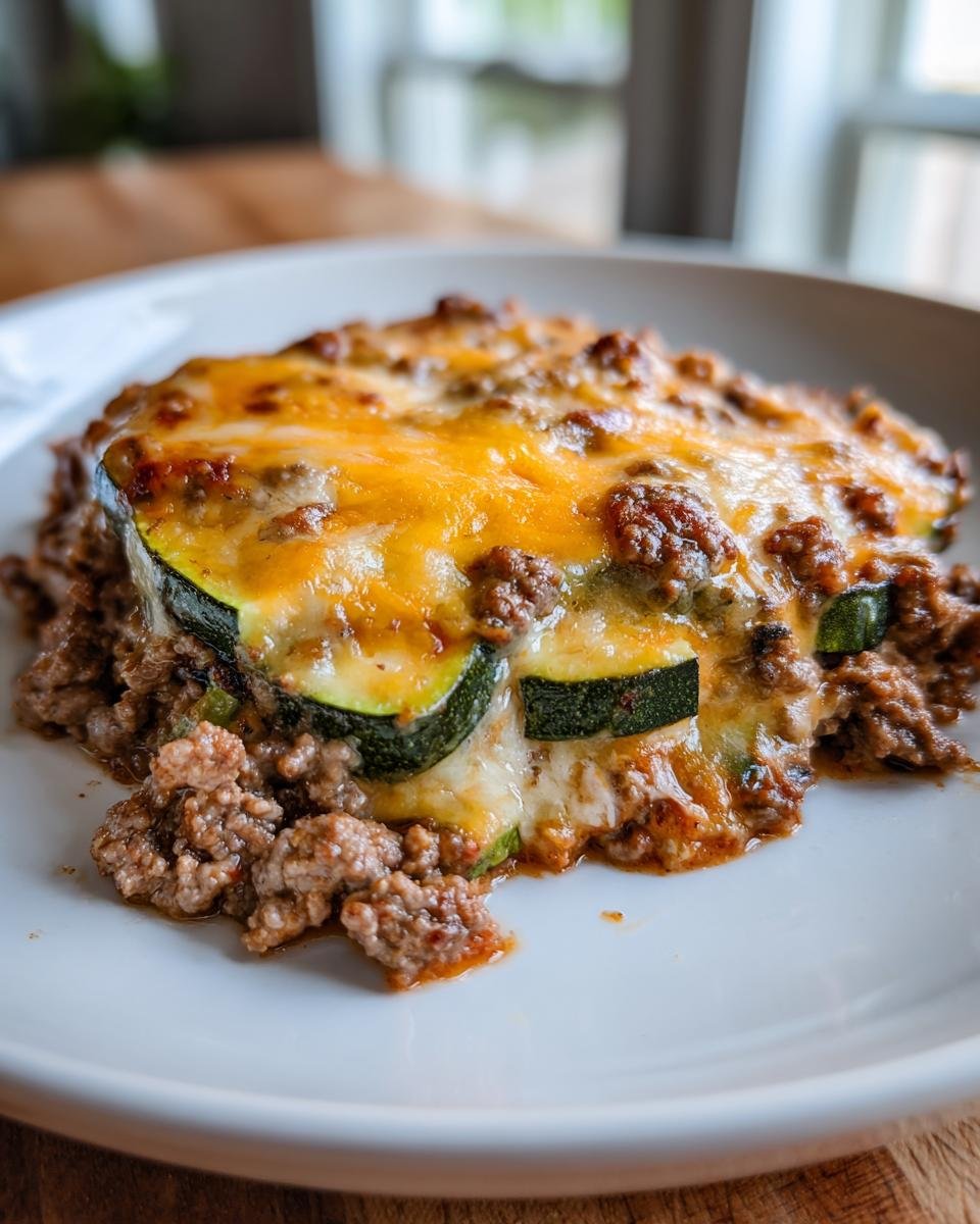 Close-up of a serving of Delicious Low Carb Ground Beef Zucchini Bake topped with melted cheddar cheese.