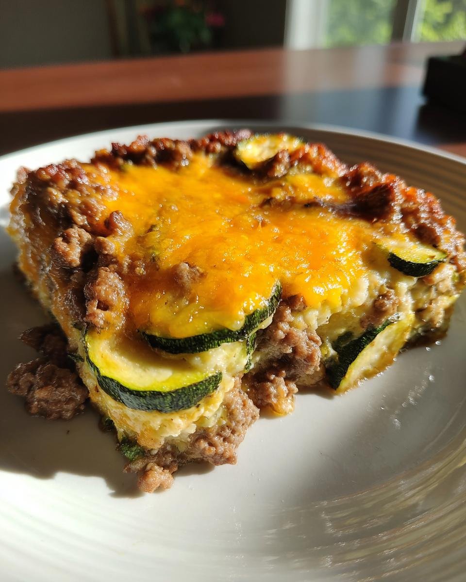 A serving of Delicious Low Carb Ground Beef Zucchini Bake topped with melted cheddar cheese.