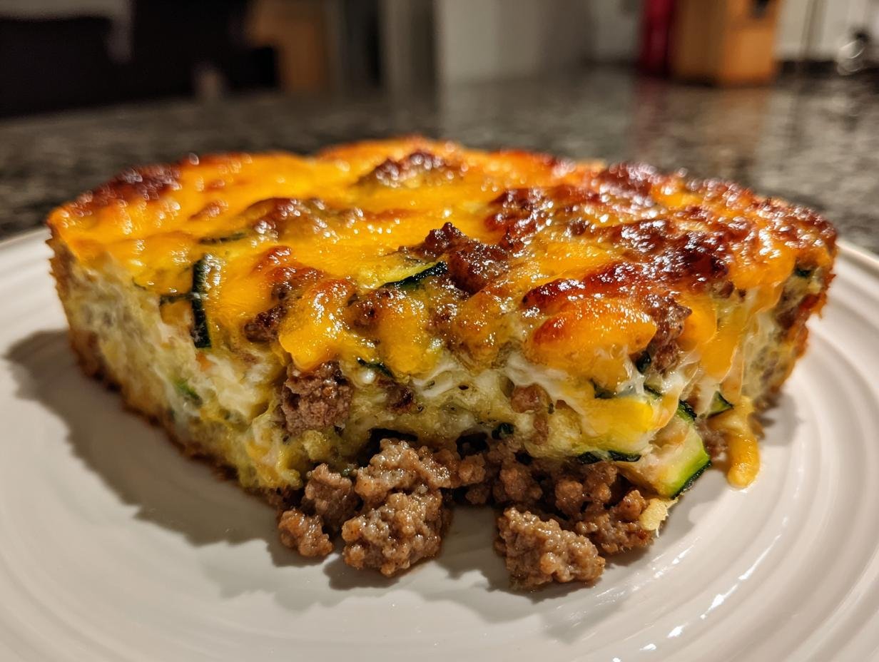 Close-up of a thick slice of Delicious Low Carb Ground Beef Zucchini Bake with melted cheese topping.