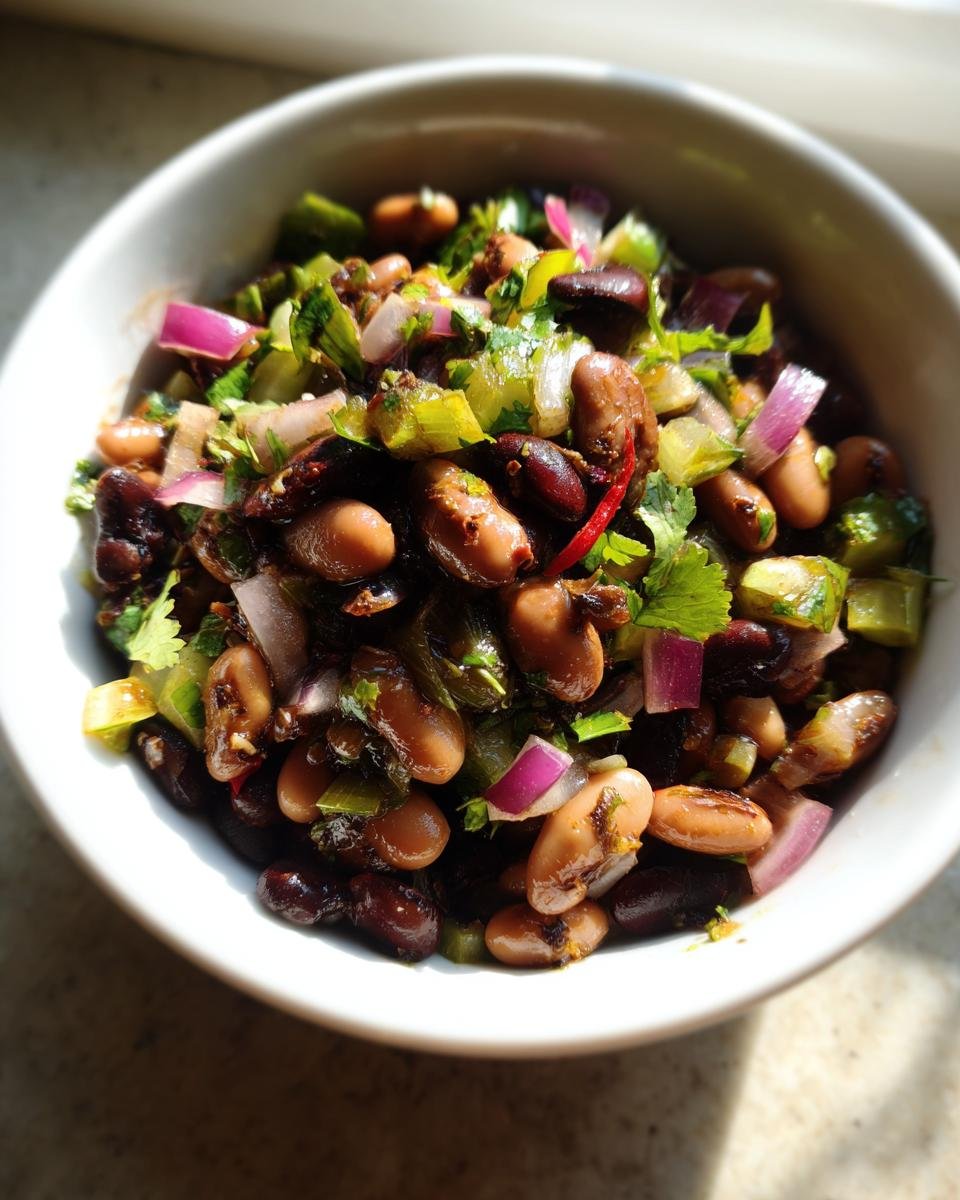 Close-up of a white bowl filled with Delicious Miso Sesame Dense Bean Salad, featuring mixed beans, red onion, and cilantro.