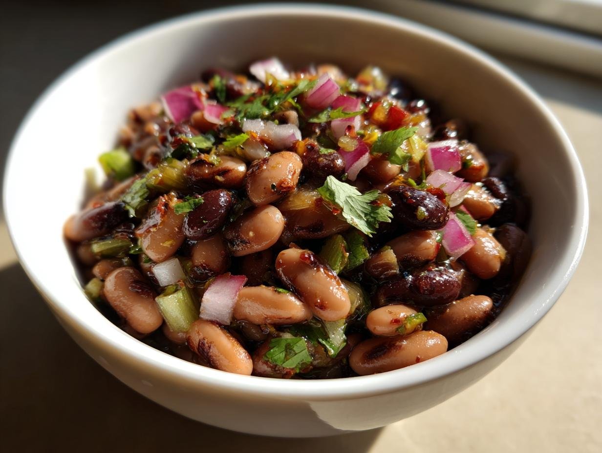 Close-up of a Delicious Miso Sesame Dense Bean Salad with red onion and herbs in a white bowl.