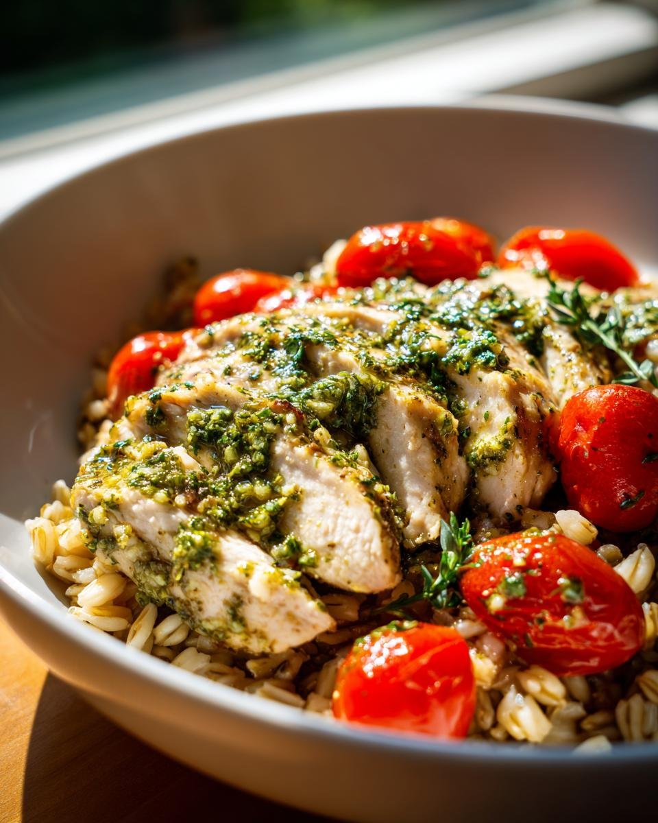 Close-up of a Delicious Pesto Chicken Farro Bowl topped with sliced chicken, pesto, and roasted cherry tomatoes.