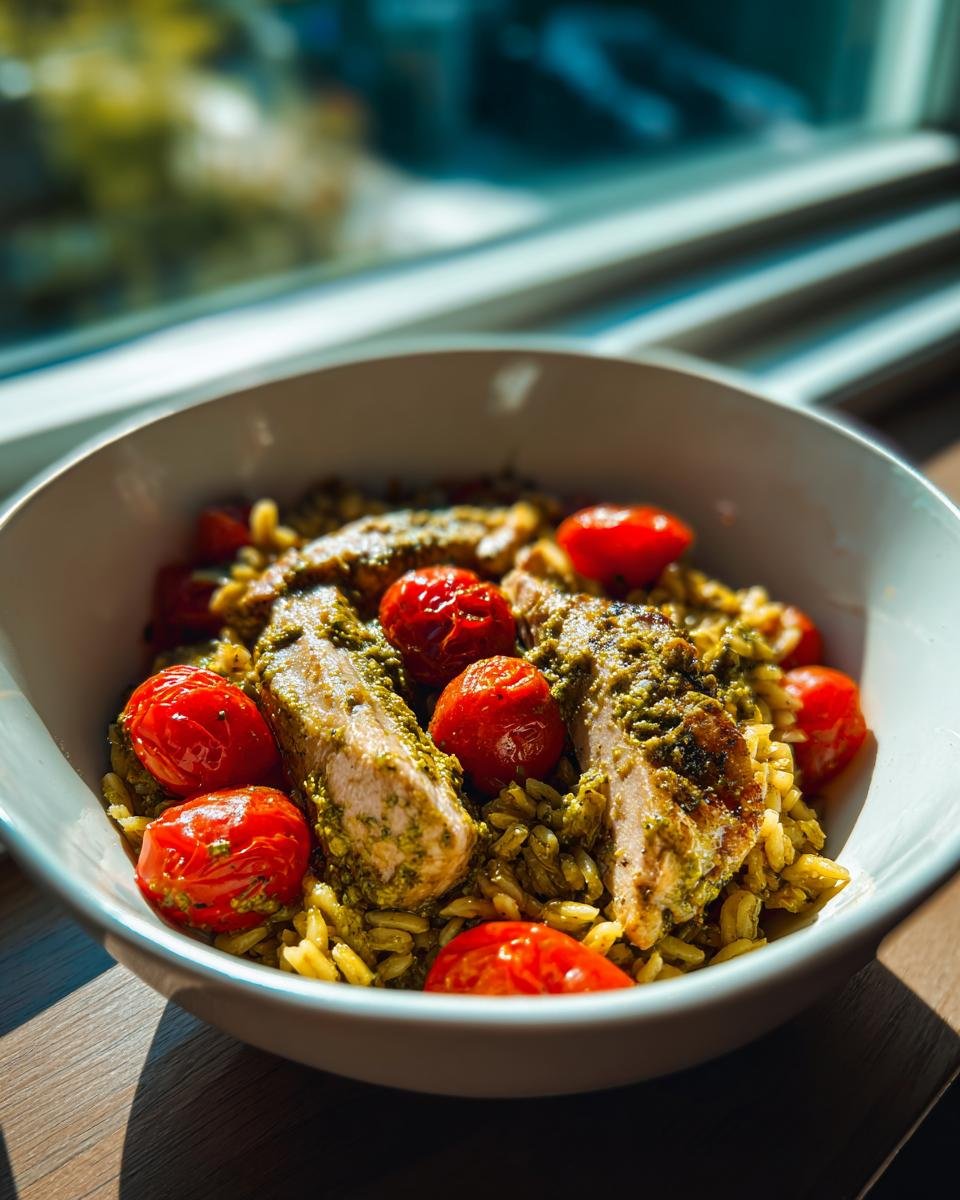Close-up of a Delicious Pesto Chicken Farro Bowl featuring sliced pesto-coated chicken and roasted cherry tomatoes.