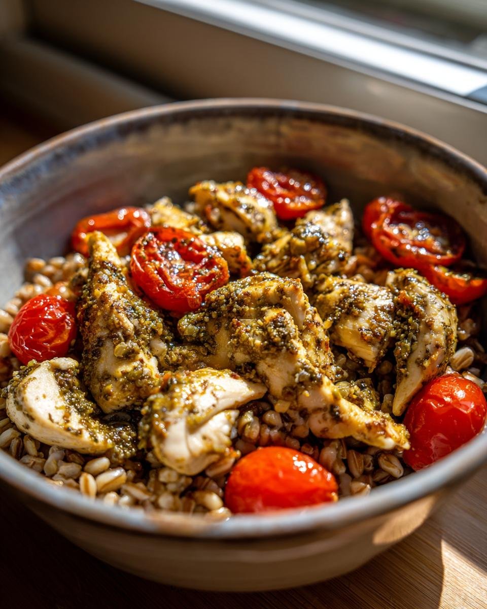 Close-up of a Delicious Pesto Chicken Farro Bowl Recipe with roasted cherry tomatoes.