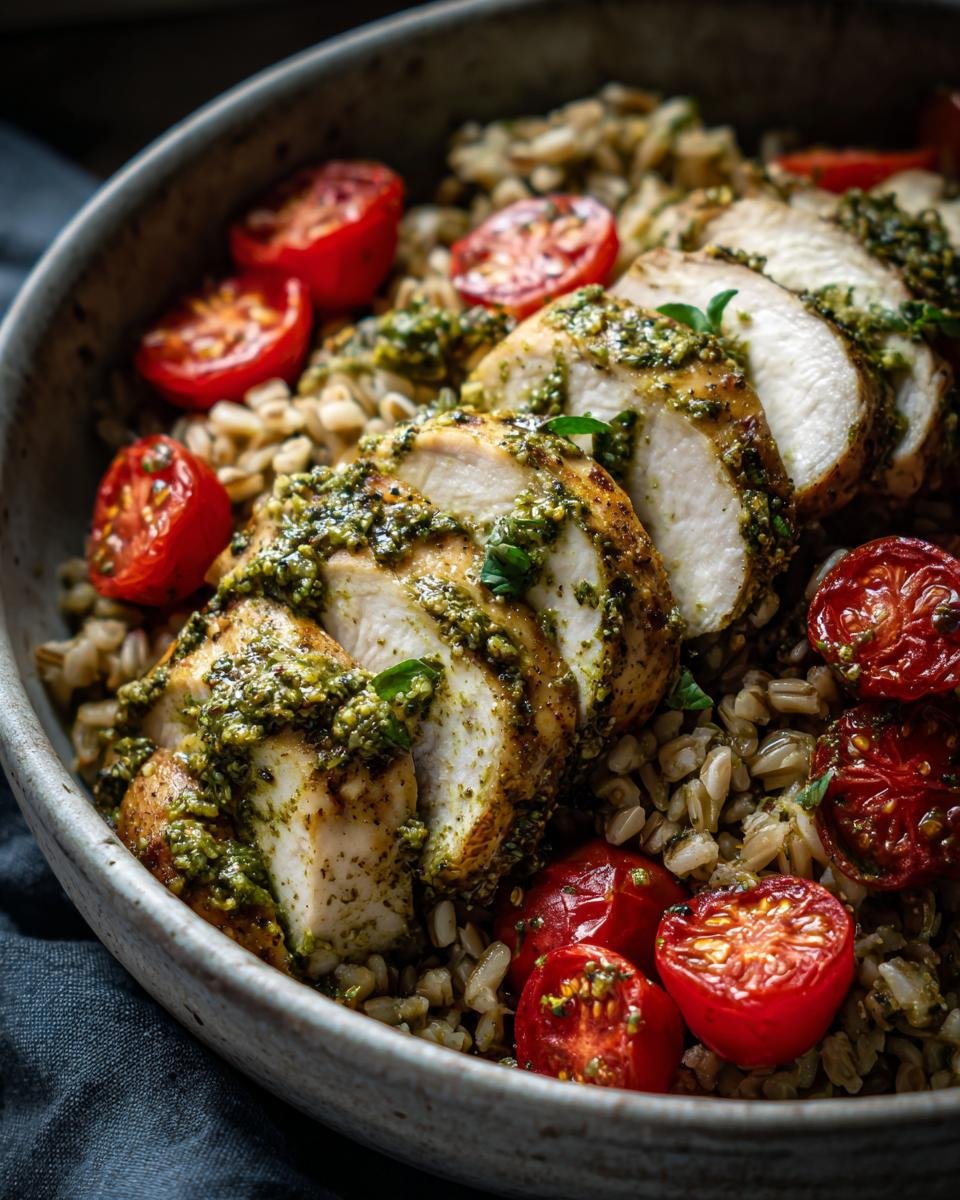 Close-up of a Delicious Pesto Chicken Farro Bowl with sliced chicken breast topped with pesto and roasted tomatoes.