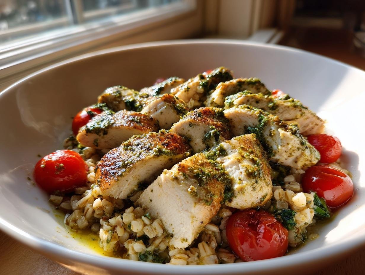 Close-up of a Delicious Pesto Chicken Farro Bowl featuring sliced chicken, farro, and cherry tomatoes.