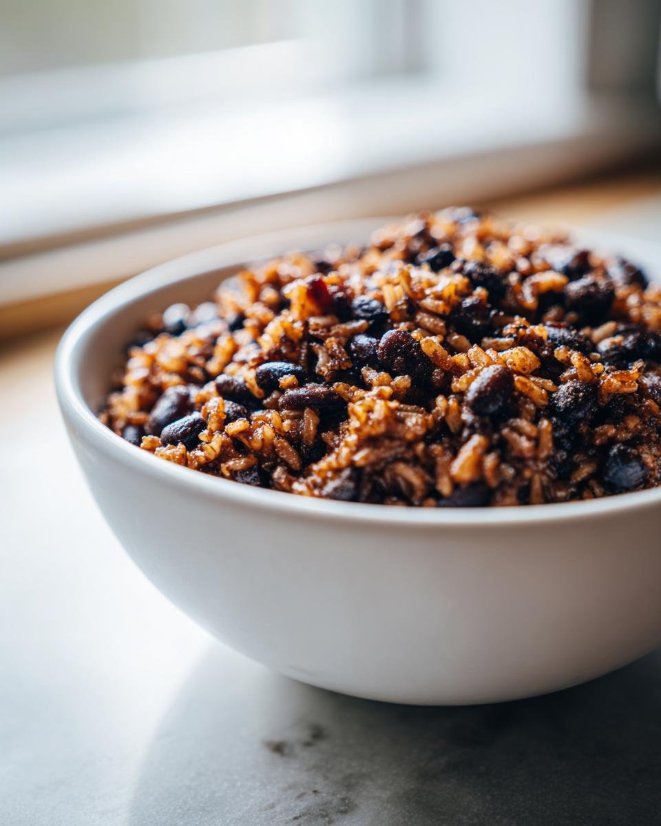 Close-up of a white bowl filled with Delicious Rice And Beans, set near a bright window.