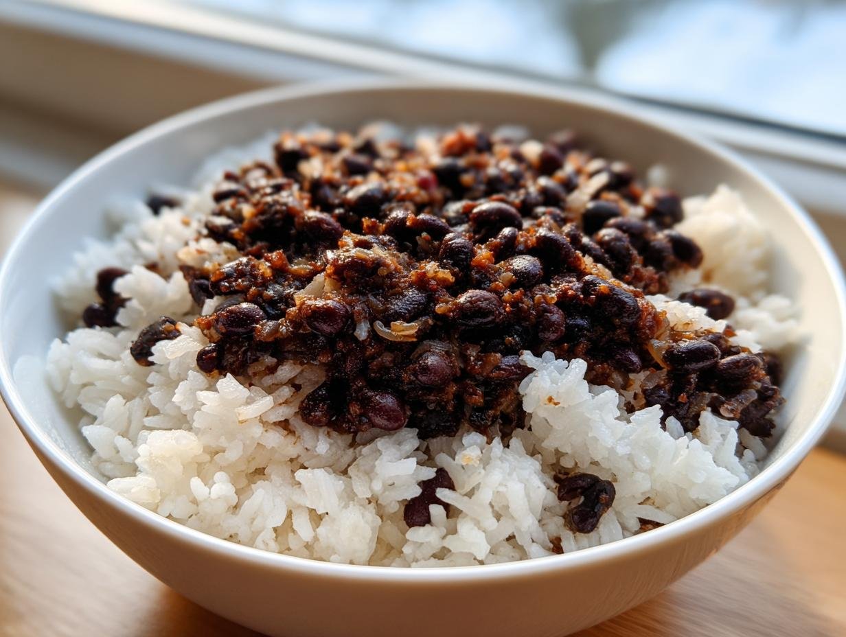 Close-up of a white bowl filled with white rice topped generously with seasoned black beans, showcasing the Delicious Rice And Beans A Cozy 30 Minute Recipe.