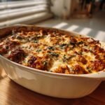 A freshly baked Delicious Turkey Mediterranean Casserole with a bubbly, melted cheese topping in a white dish.