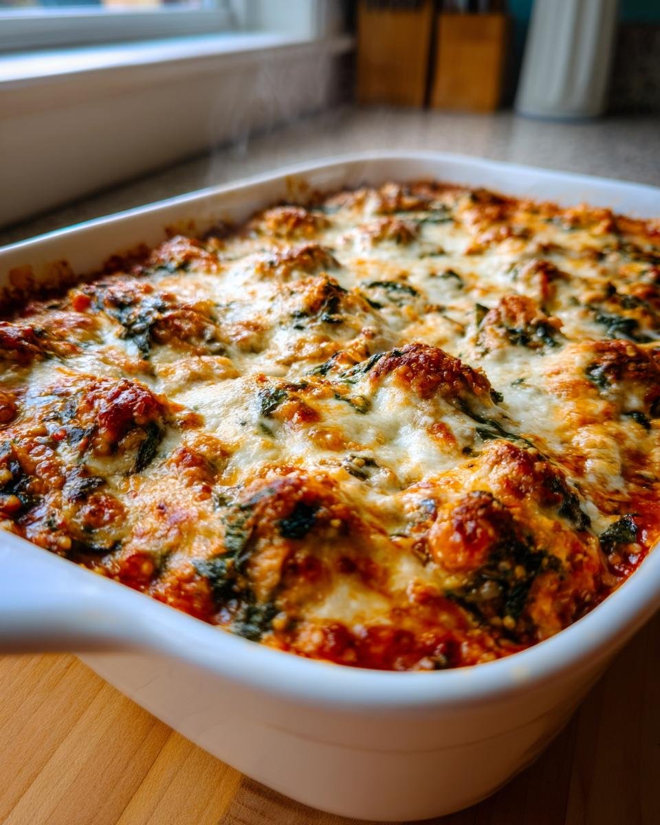 Close-up of a bubbling, cheesy Delicious Turkey Mediterranean Casserole fresh from the oven.