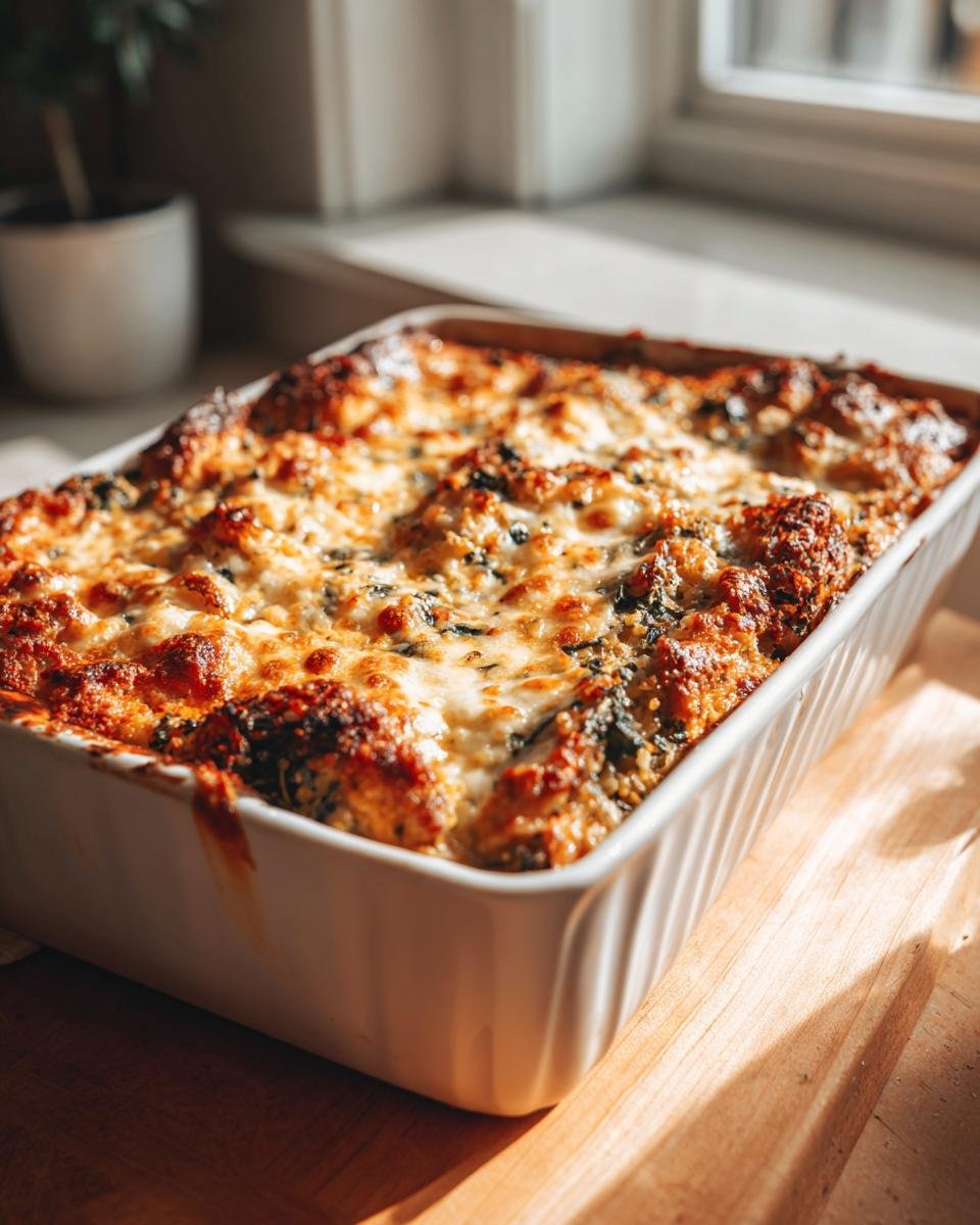 A freshly baked Delicious Turkey Mediterranean Casserole with a golden, bubbly cheese topping in a white baking dish.