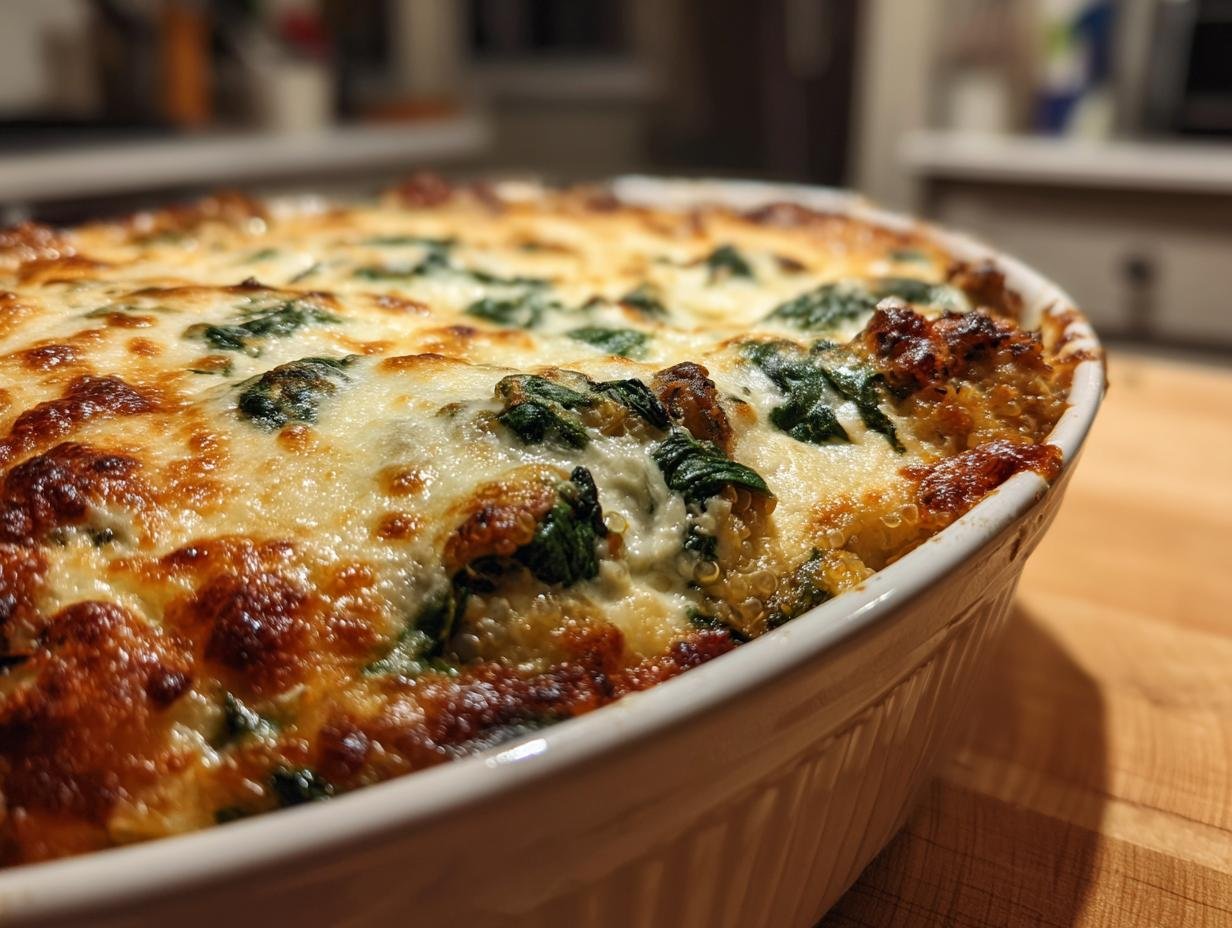 Close-up of a Delicious Turkey Mediterranean Casserole with bubbly, browned cheese and spinach topping.
