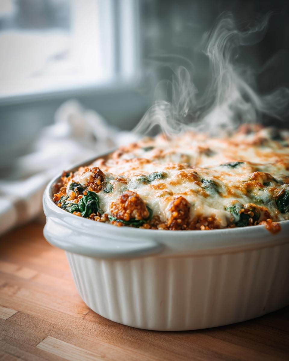 A steaming hot Delicious Turkey Mediterranean Casserole with a melted, bubbly cheese topping in a white baking dish.