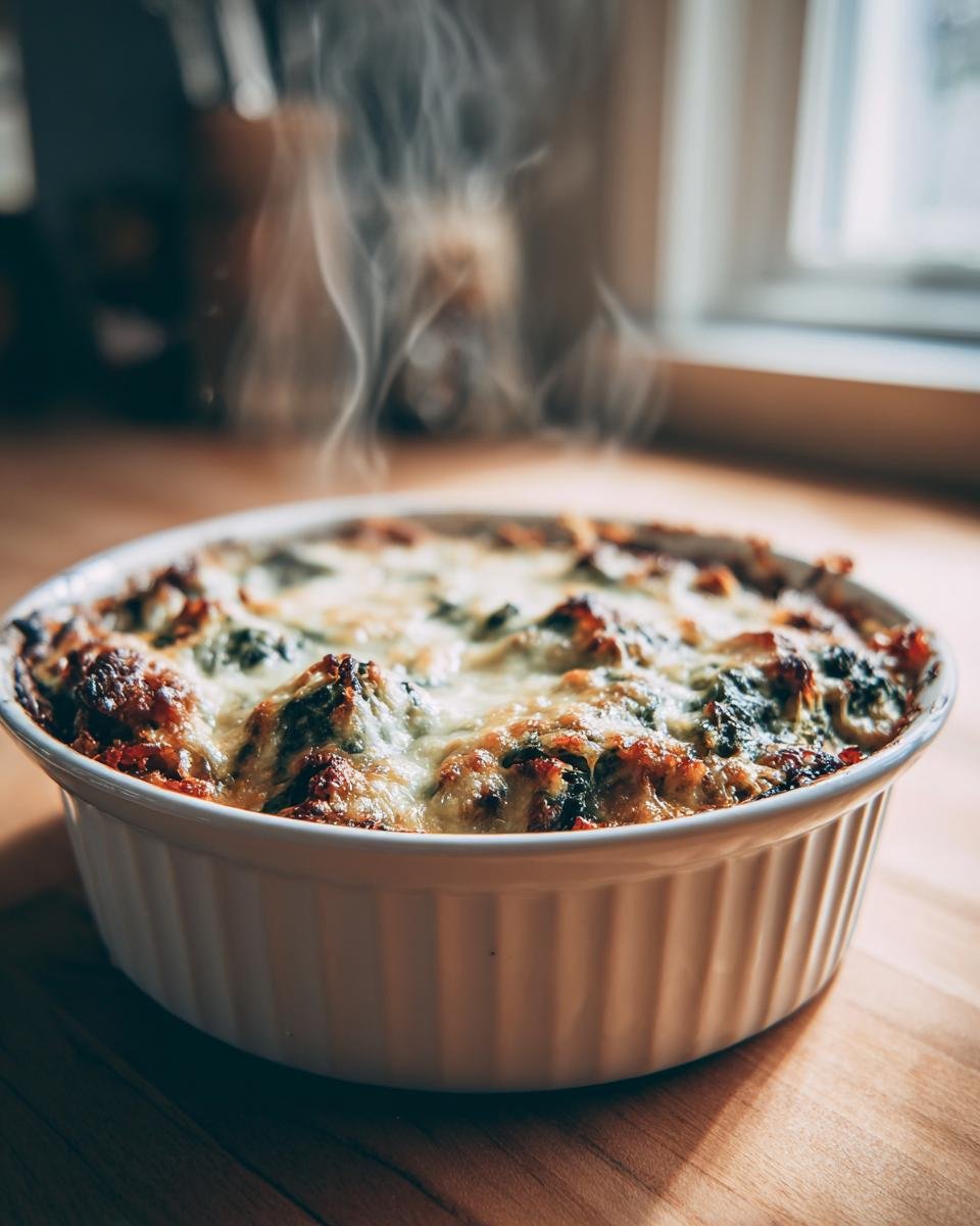 Freshly baked Delicious Turkey Mediterranean Casserole steaming in a white round baking dish.