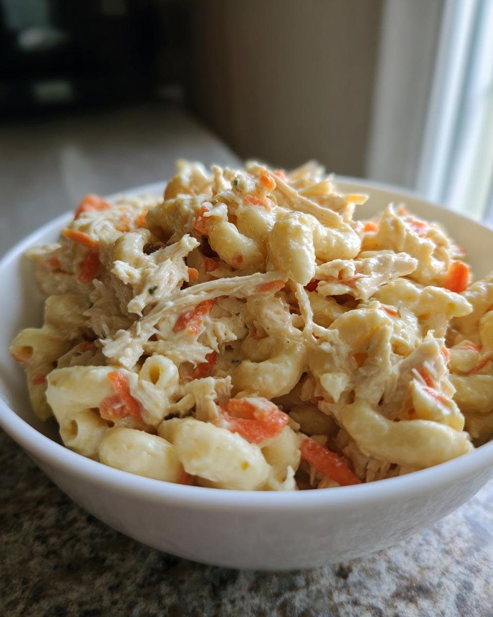 A close-up of a white bowl filled with creamy Delightful Filipino Chicken Macaroni Salad, featuring elbow macaroni, shredded chicken, and carrots.