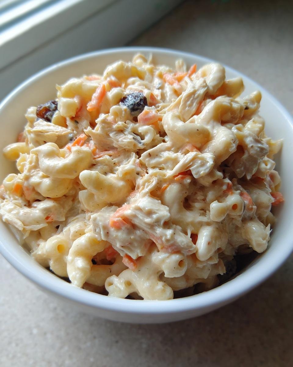 Close-up of a white bowl filled with creamy Delightful Filipino Chicken Macaroni Salad, showing elbow macaroni, shredded chicken, carrots, and raisins.