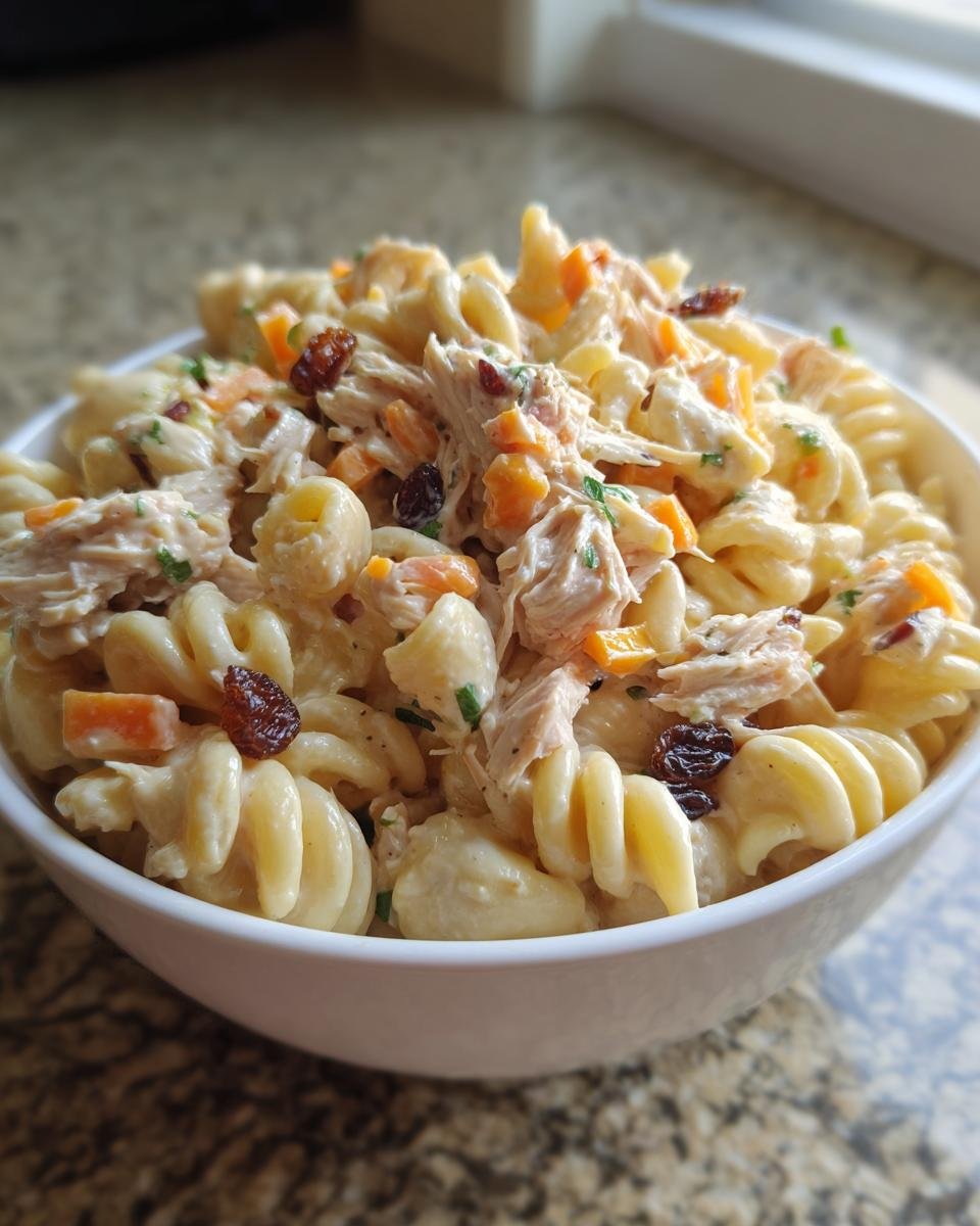 Close-up of a white bowl filled with Delightful Filipino Chicken Macaroni Salad, featuring pasta, shredded chicken, carrots, and raisins.