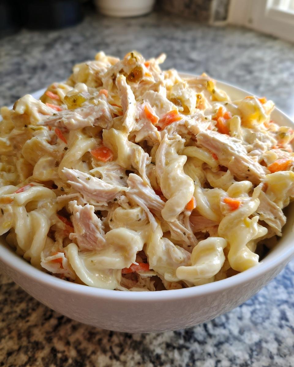 Close-up of a white bowl filled with creamy Delightful Filipino Chicken Macaroni Salad, showing shredded chicken and carrots.