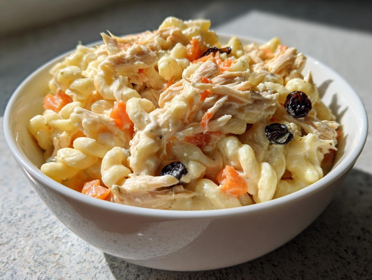 Close-up of Delightful Filipino Chicken Macaroni Salad with shredded chicken, carrots, and raisins in a white bowl.