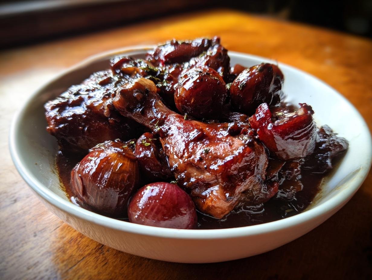 Close-up of rich, dark Coq Au Vin featuring chicken pieces and glazed pearl onions in a deep sauce.