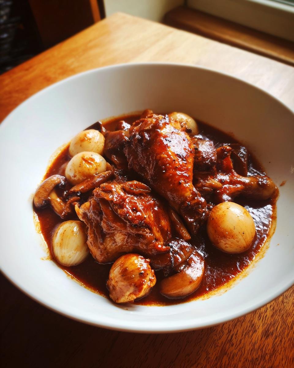 Close-up of rich, dark Julia Childs Coq Au Vin with chicken pieces, pearl onions, and mushrooms in a white bowl.