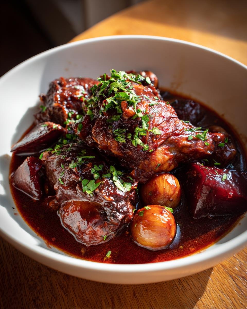 Close-up of rich, dark red Delightful Julia Childs Coq Au Vin Recipe served in a white bowl with pearl onions and herbs.