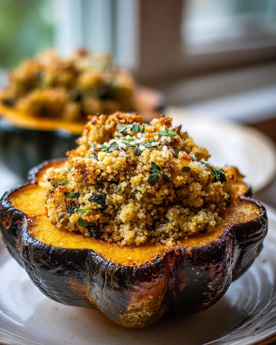 Close-up of a baked acorn squash half filled with savory, golden stuffing for the Delightful Sage Stuffed Acorn Squash Recipe.