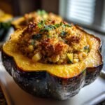 A close-up of a baked acorn squash half filled with savory stuffing, topped with herbs for a Delightful Sage Stuffed Acorn Squash Recipe.