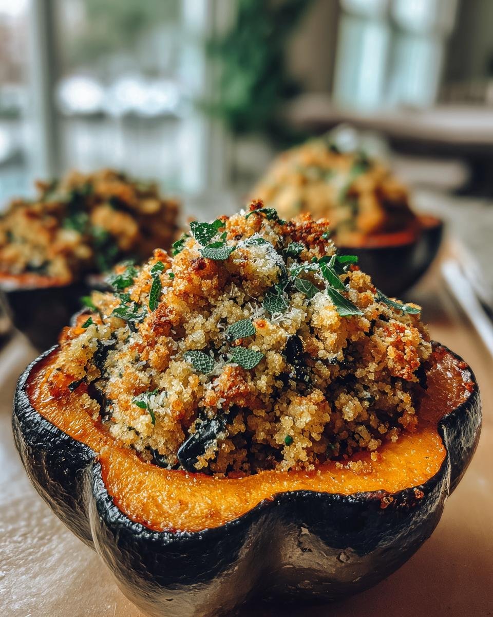 A close-up of a baked acorn squash half filled with savory stuffing, topped with fresh sage, part of our Delightful Sage Stuffed Acorn Squash Recipe.