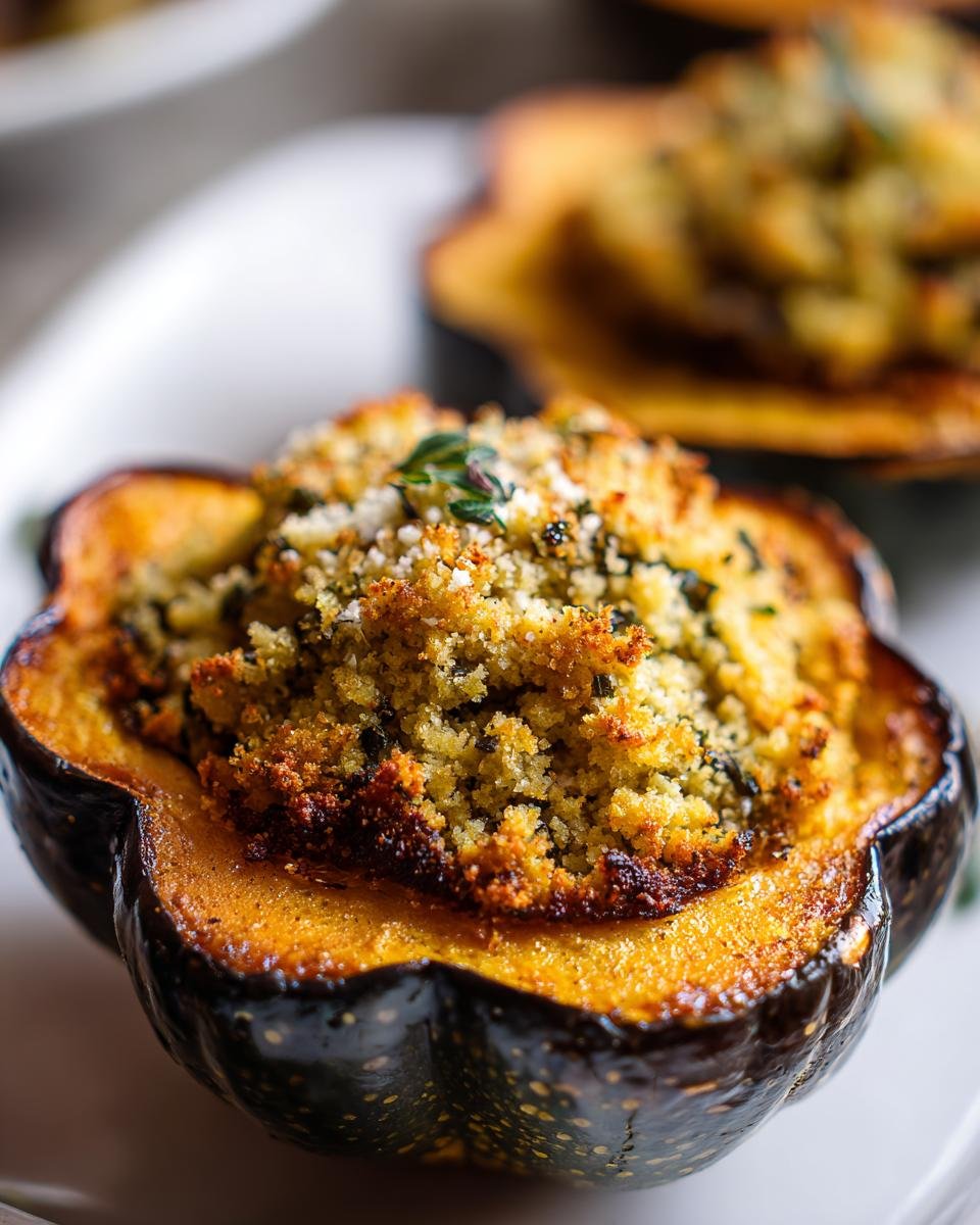 Close-up of a baked acorn squash half filled with a golden, herby stuffing in this Delightful Sage Stuffed Acorn Squash Recipe.