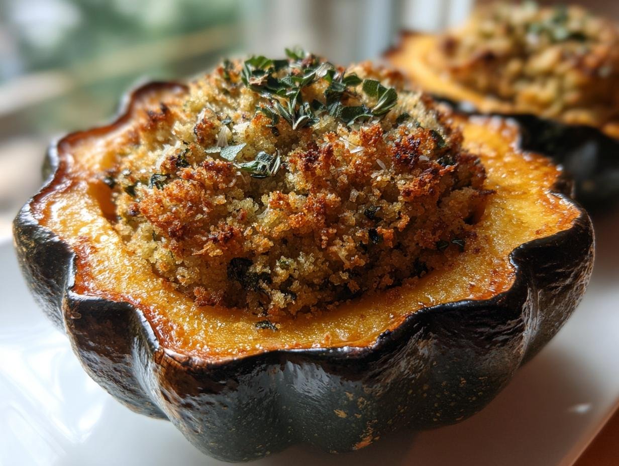 A close-up, featured image of a baked acorn squash half filled with golden brown sage stuffing.