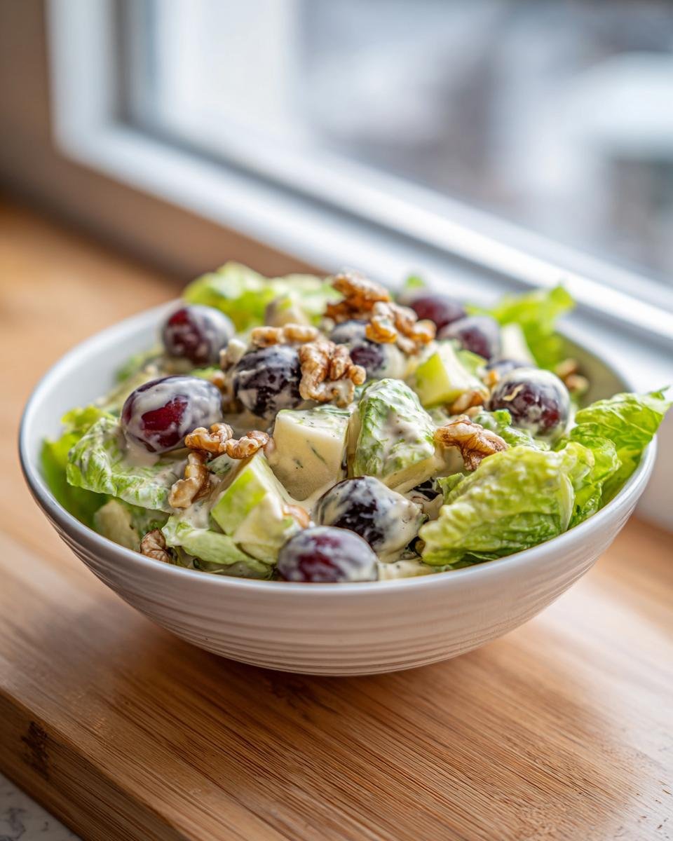 A close-up of a Delightful Waldorf Salad Recipe in a white bowl, featuring grapes, walnuts, and creamy dressing.
