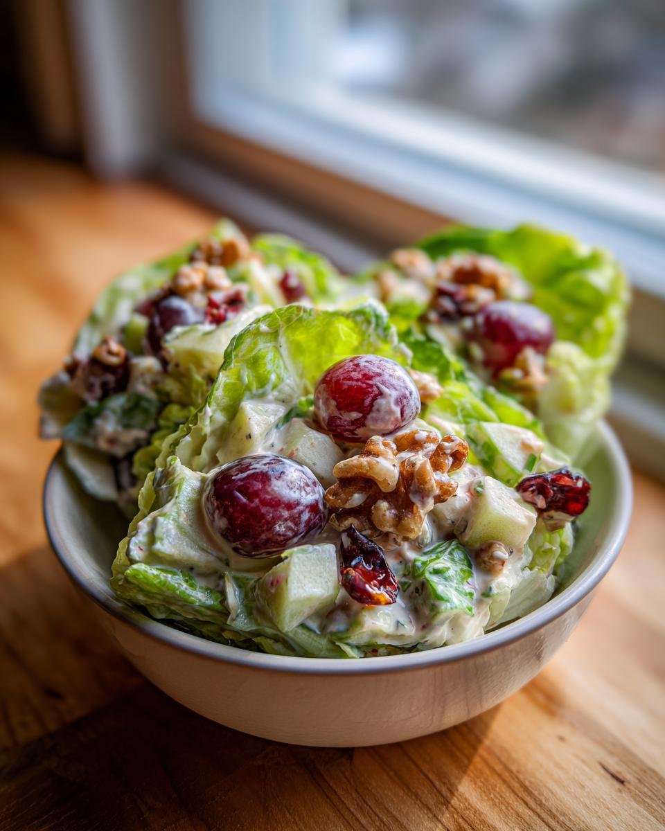Close-up of Delightful Waldorf Salad Recipe served in crisp lettuce cups, topped with grapes and walnuts.