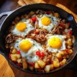 Four sunny-side-up eggs cooked atop Easy Leftover Pot Roast Hash with potatoes and peppers in a cast iron skillet.