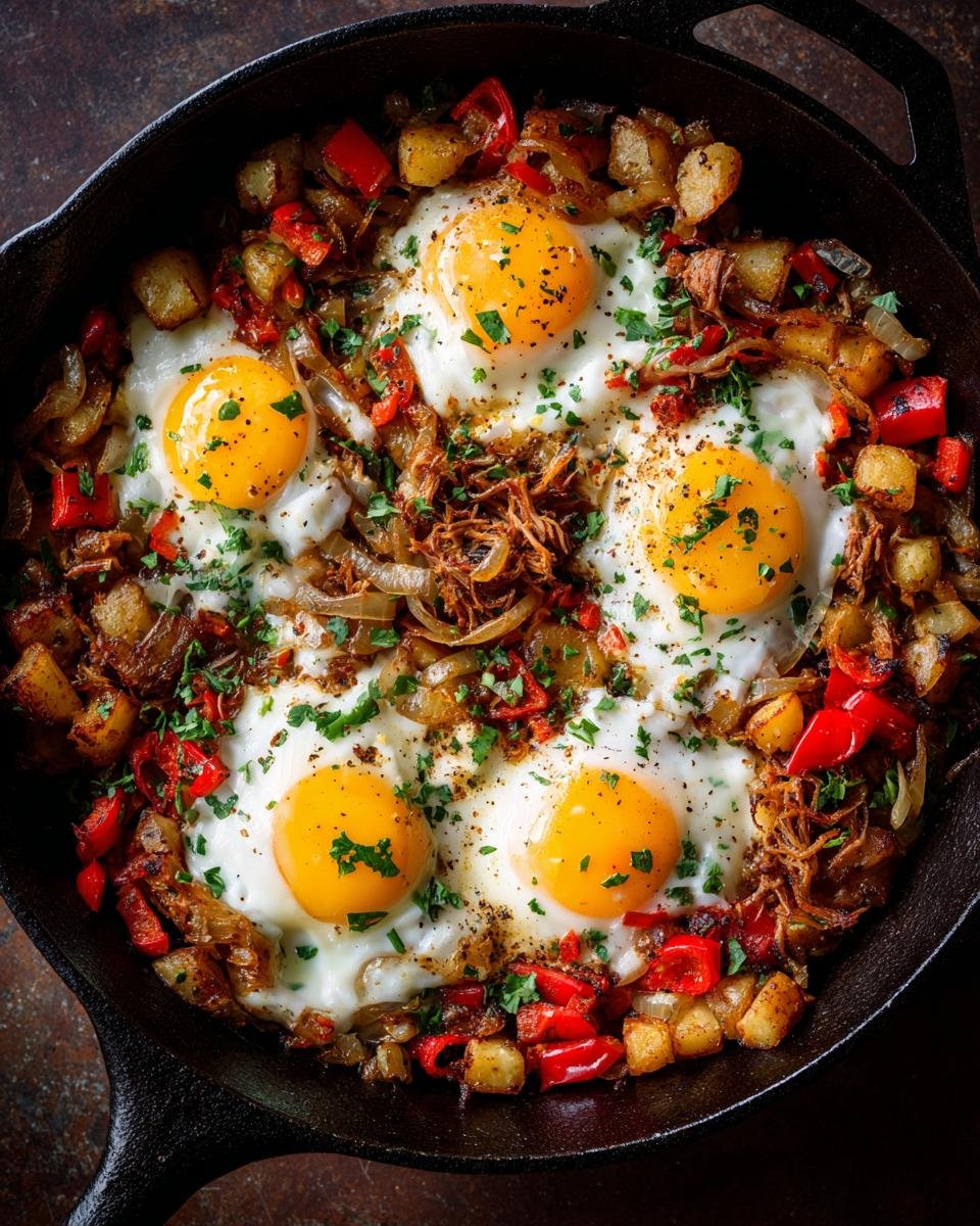 Four sunny-side-up eggs nestled in Easy Leftover Pot Roast Hash with potatoes, peppers, and onions in a cast iron skillet.