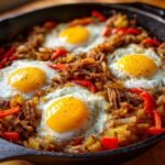 Close-up of Easy Leftover Pot Roast Hash topped with four sunny-side-up eggs in a cast iron skillet.