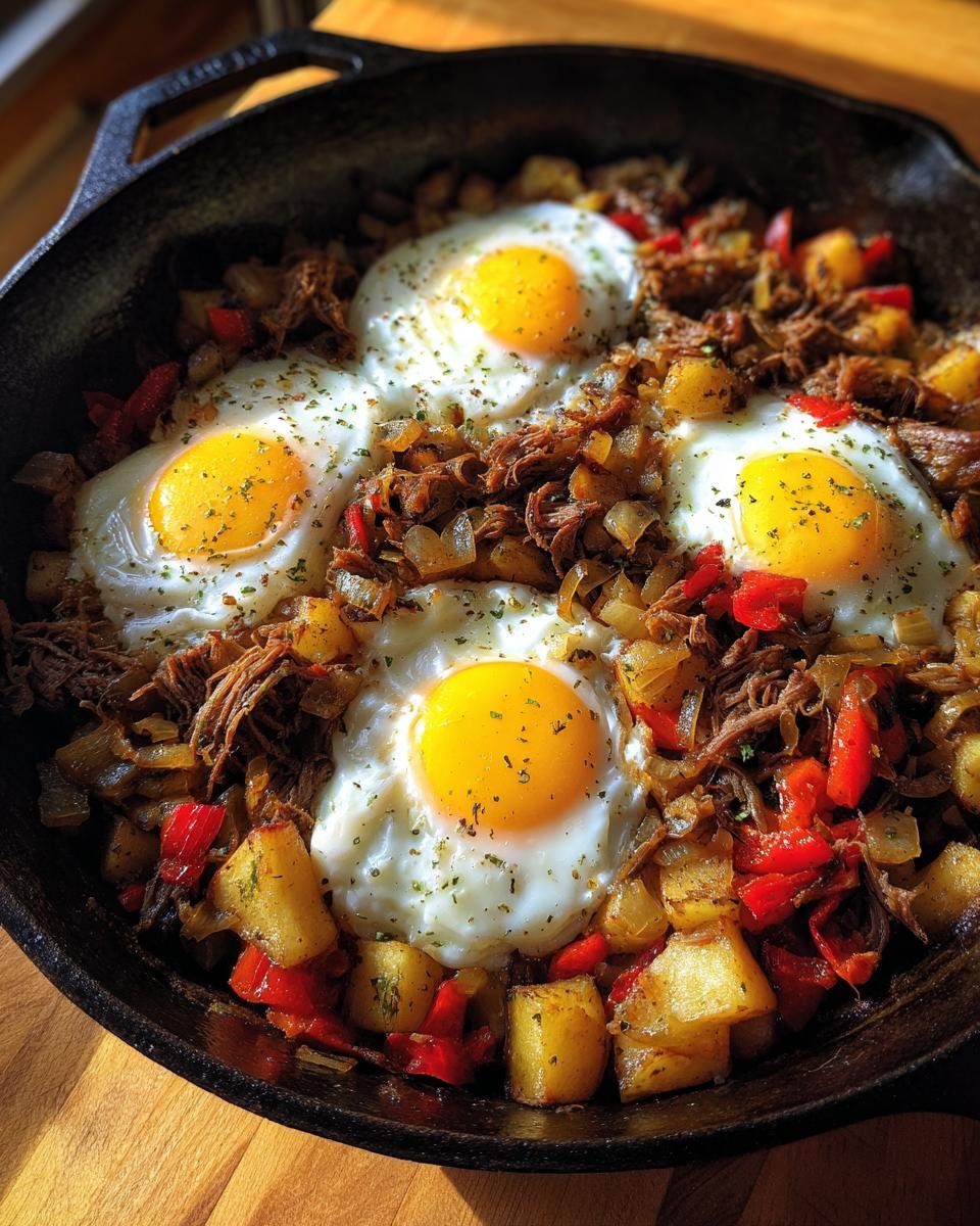 Four sunny-side-up eggs cooked atop Easy Leftover Pot Roast Hash with potatoes and peppers in a cast iron skillet.