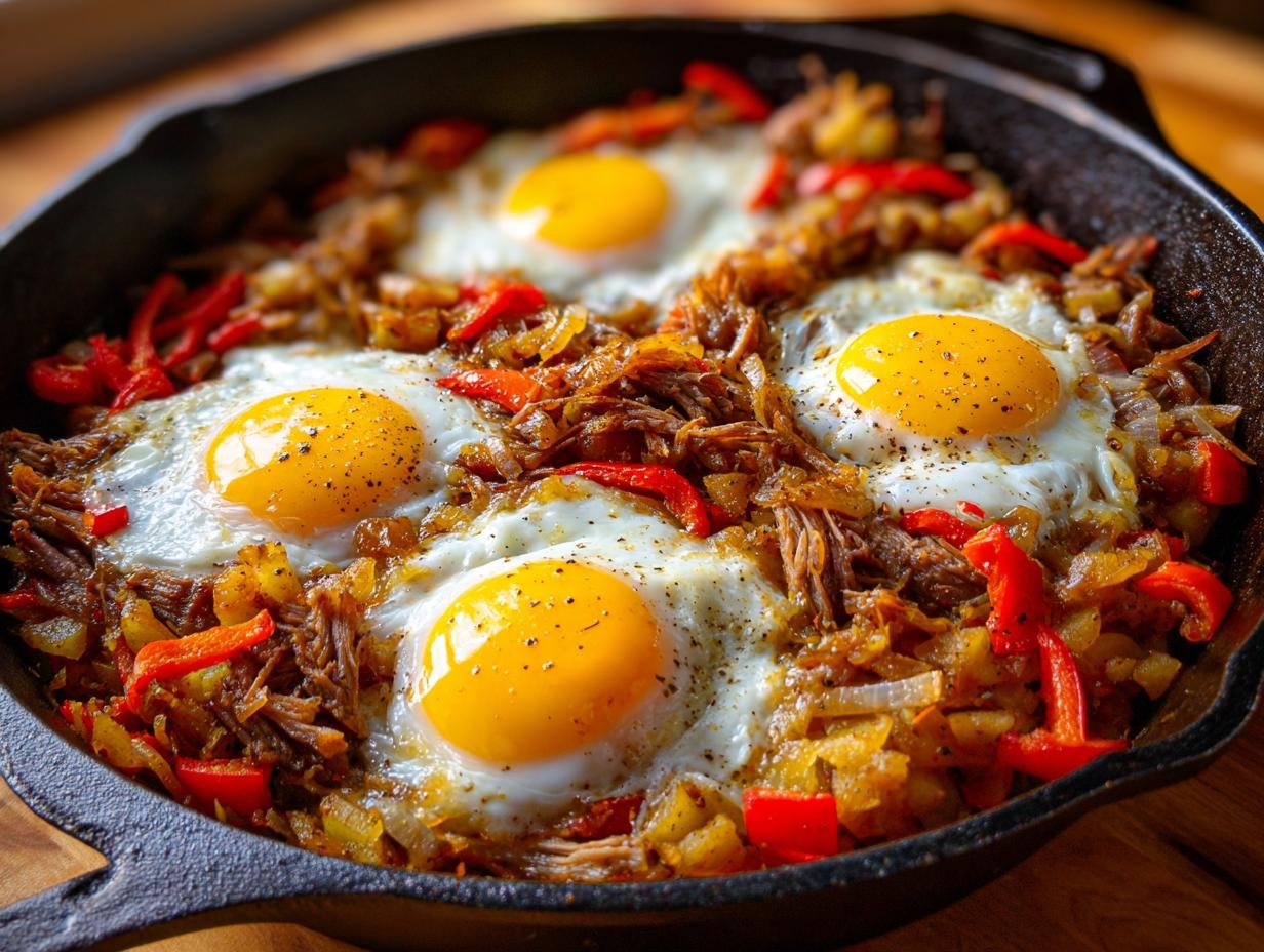 Close-up of Easy Leftover Pot Roast Hash topped with four sunny-side-up eggs in a cast iron skillet.