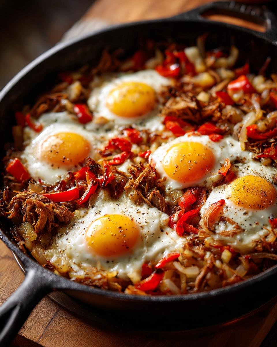 Close-up of Easy Leftover Pot Roast Hash topped with five sunny-side-up eggs in a cast iron skillet.