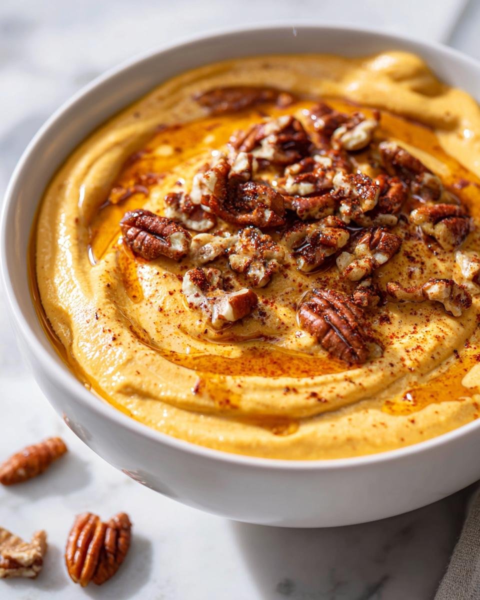 Close-up of an Irresistible Easy Pumpkin Pie Yogurt Bowl topped with pecans, syrup, and pumpkin spice.