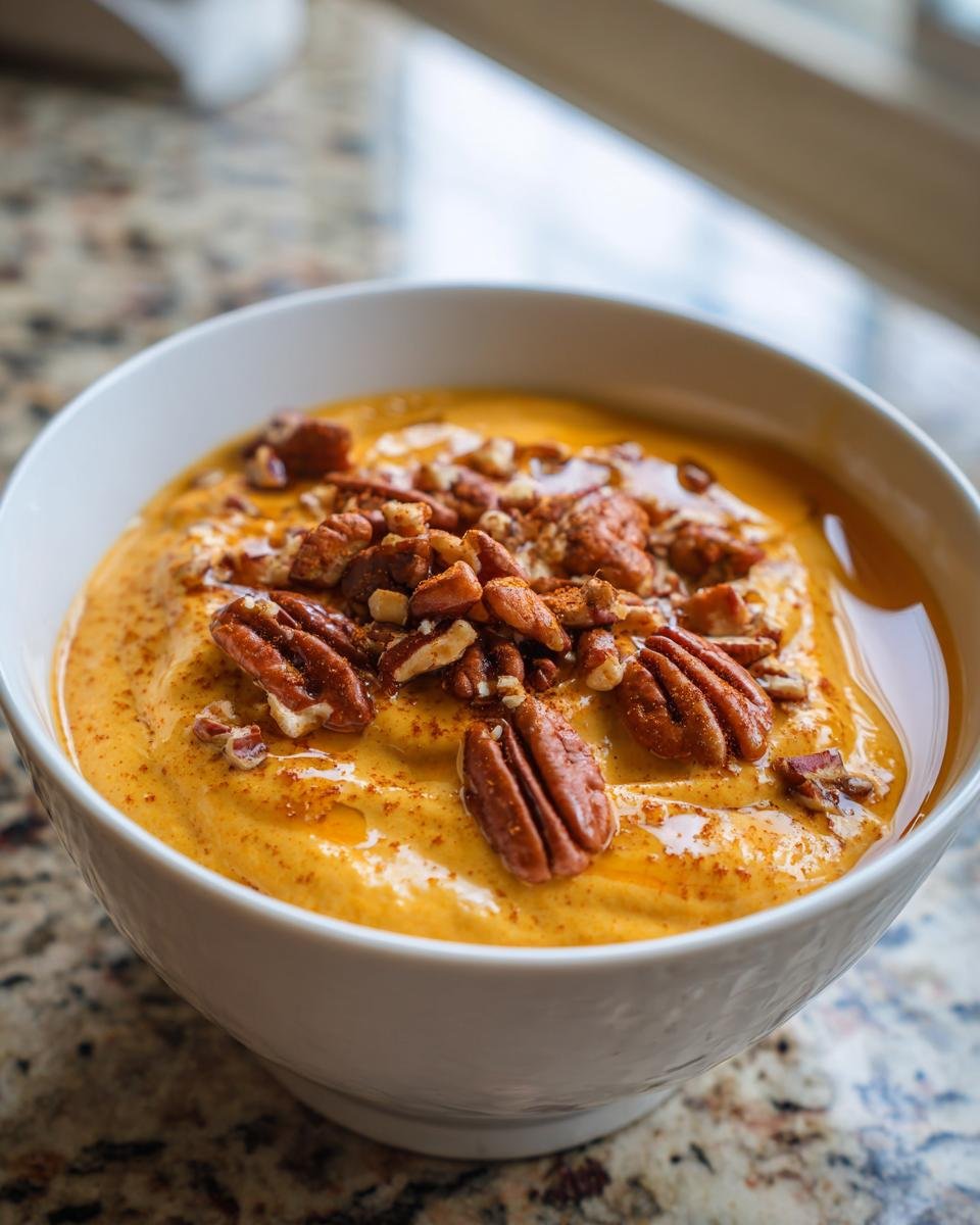 A close-up of an Irresistible Easy Pumpkin Pie Yogurt Bowl topped generously with chopped pecans and a sprinkle of cinnamon.