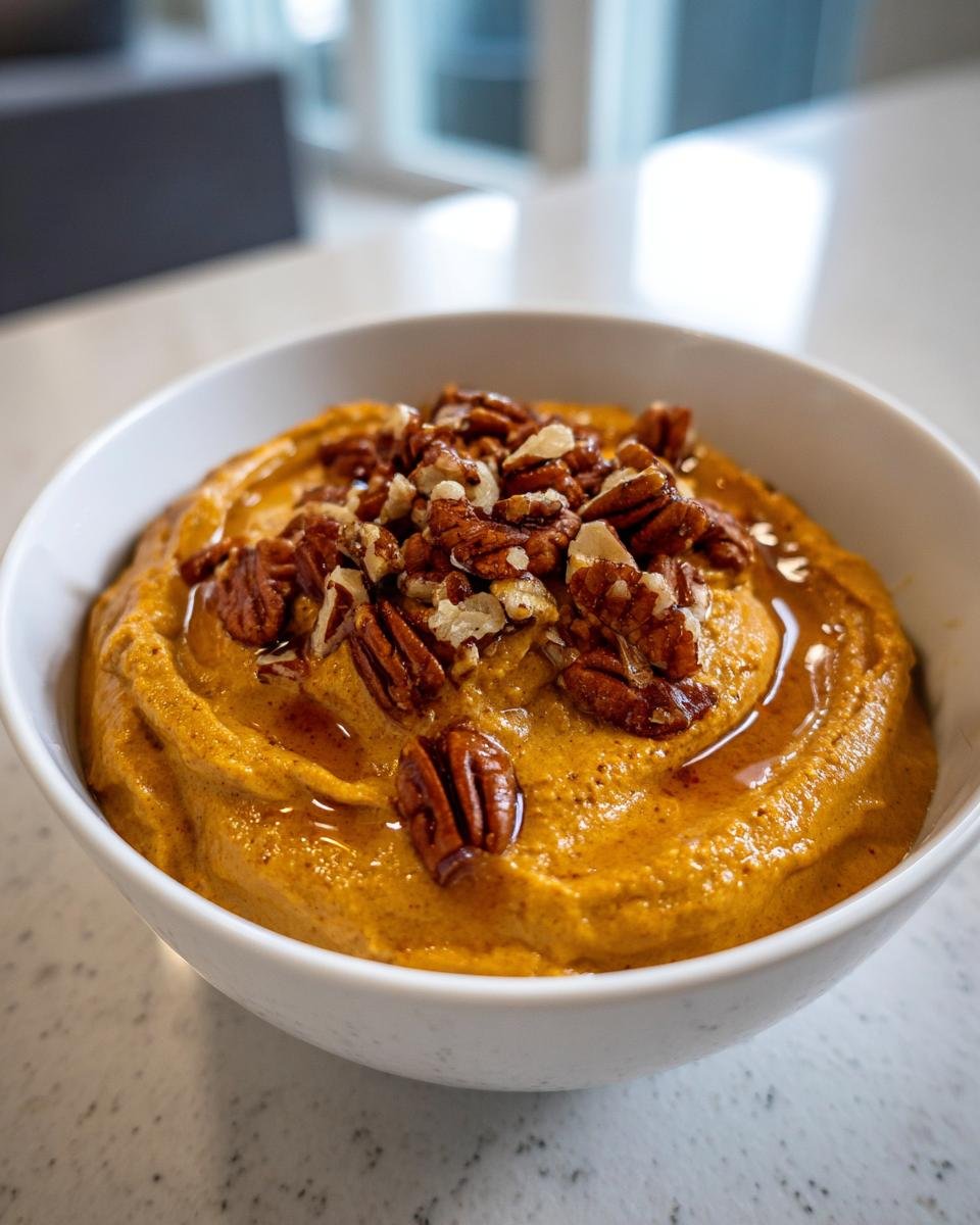 Close-up of an Irresistible Easy Pumpkin Pie Yogurt Bowl topped with pecans and drizzled with syrup.