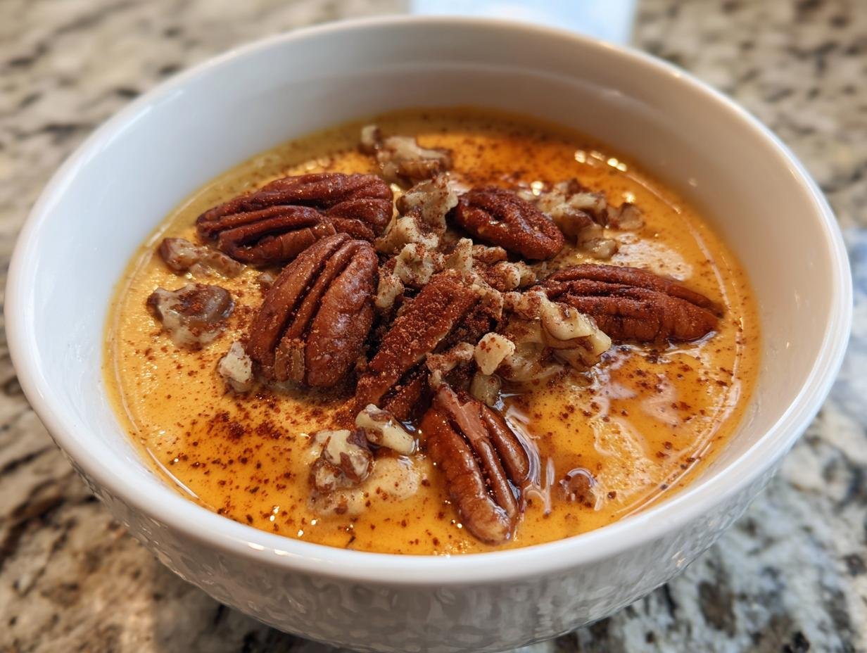 Close-up of an Irresistible Easy Pumpkin Pie Yogurt Bowl topped with whole pecans and cinnamon.