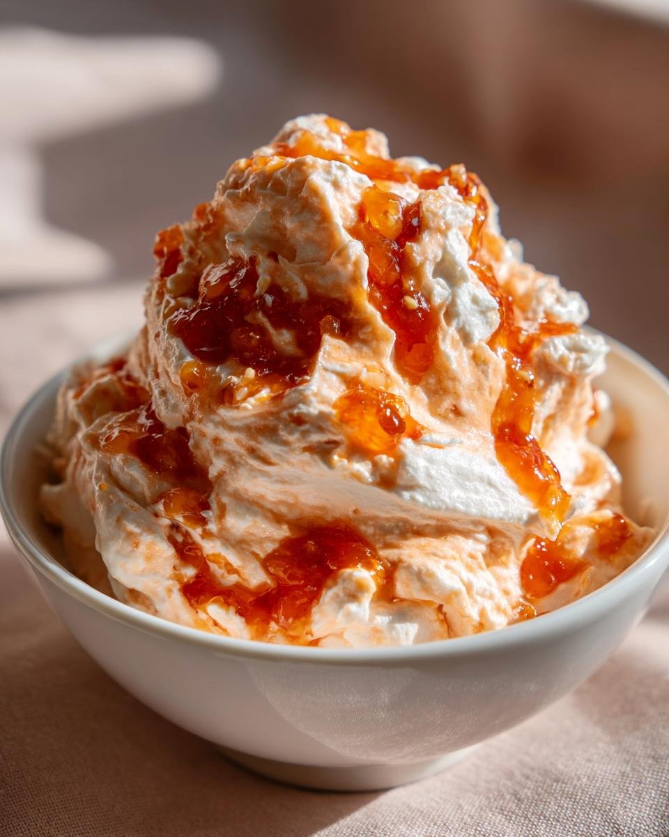 Close-up of Festive Cranberry Orange Cream Cheese Dip, topped with orange preserves, in a white bowl.