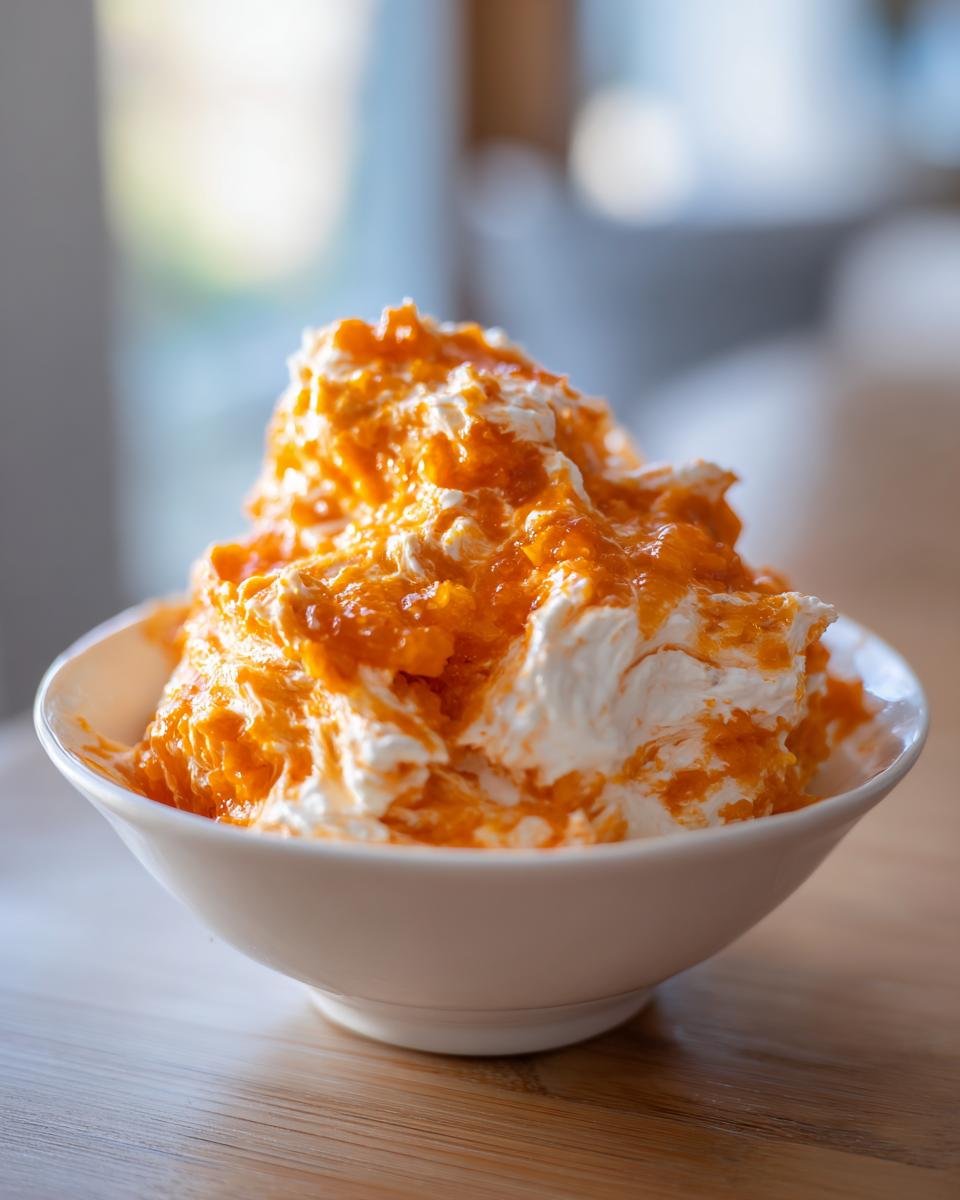 Close-up of Festive Cranberry Orange Cream Cheese Dip, showing whipped white cream cheese topped with bright orange cranberry-orange mixture.