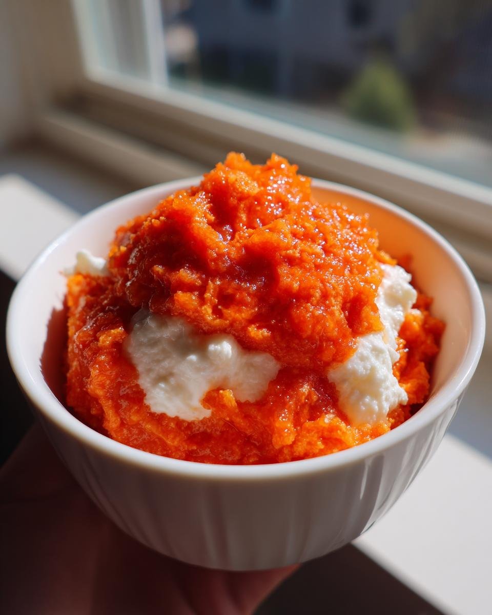 Close-up of bright orange cranberry mixture layered over white cream cheese for the Festive Cranberry Orange Cream Cheese Dip Recipe Delight.