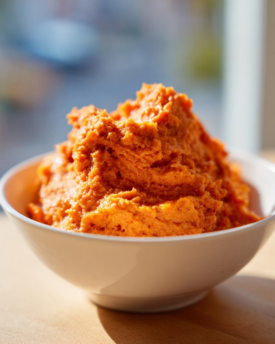 Close-up of a vibrant orange, textured Festive Cranberry Orange Cream Cheese Dip Recipe Delight in a white bowl.