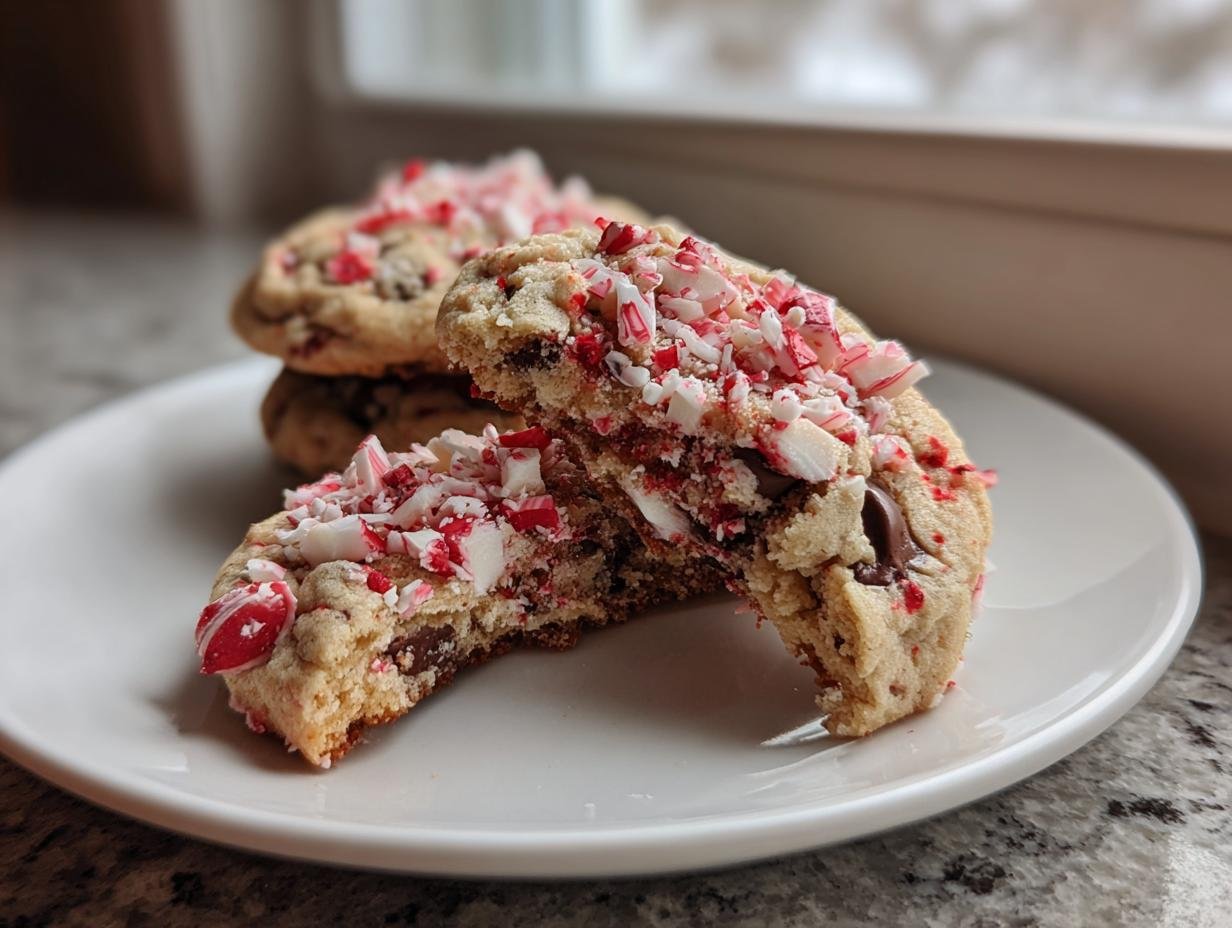 A close-up of Festive Peppermint Bark Cookies, one broken in half showing chocolate chips and topped with crushed candy canes.